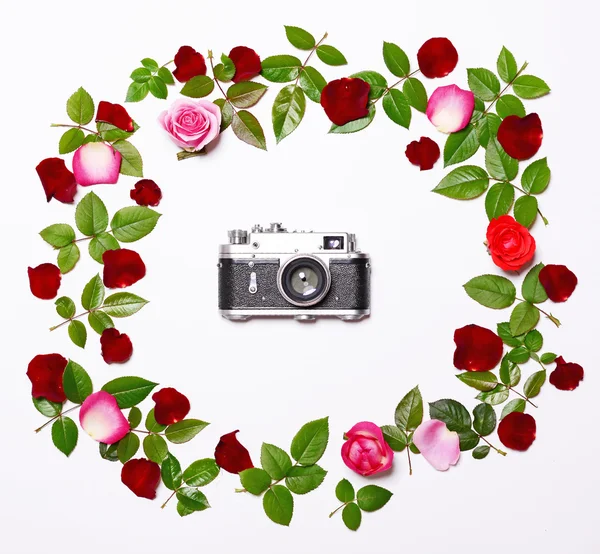 Flat lay - Retro câmera de fotos e rosa folhas e rosas ao redor i — Fotografia de Stock