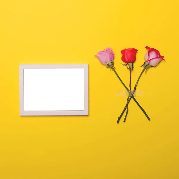 Taped roses and empty white wooden frame on yellow background -