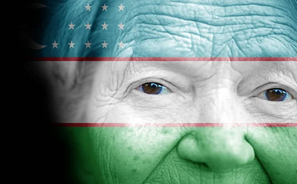 Portrait Older Lady Painted National Flag Uzbekistan — Stock Photo, Image