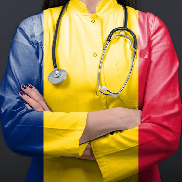 Médico Representante Del Sistema Salud Con Bandera Nacional Chad Imagen de archivo