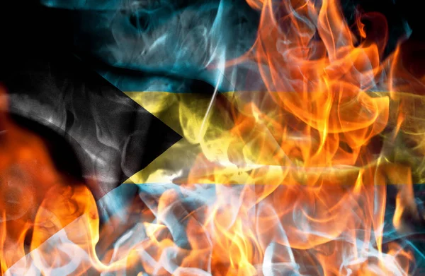 Demonstrações Conceito Guerra Queimando Chamas Bandeira Nacional Das Bahamas — Fotografia de Stock