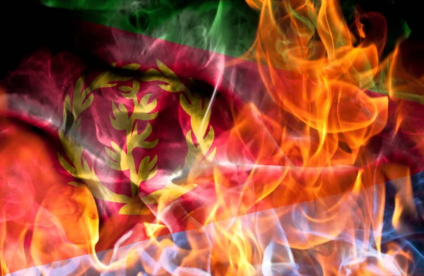 Demonstrationen Oder Kriegskonzept Nationalflagge Eritreas Brennt Flammen — Stockfoto