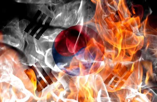 Demonstrações Conceito Guerra Queimando Chamas Bandeira Nacional Coreia Sul — Fotografia de Stock