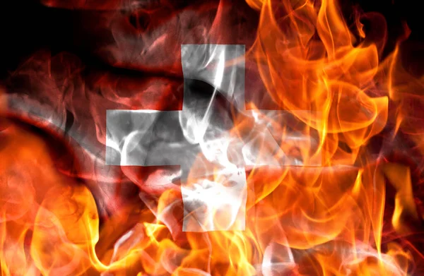 Demonstrációk Vagy Háborús Koncepció Lángokban Égő Nemzeti Zászló Svájc — Stock Fotó