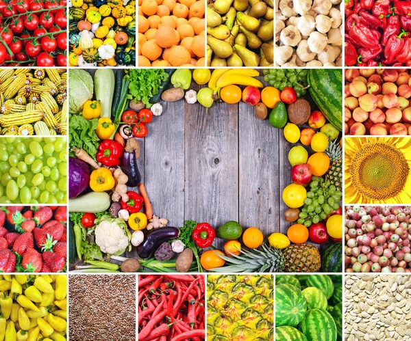 Colagem enorme de várias frutas e legumes saudáveis — Fotografia de Stock