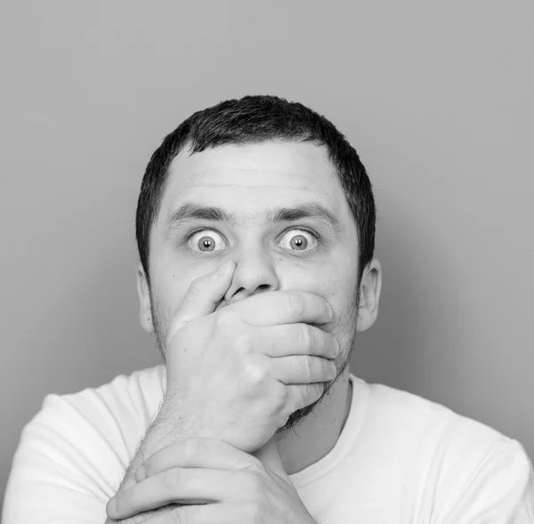 Portrait of man with shock gesture - Monocrome or black and whit — Stock Photo, Image