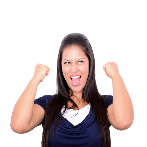 Excited happy success young woman with fists up isolated on whit — Stock Photo, Image