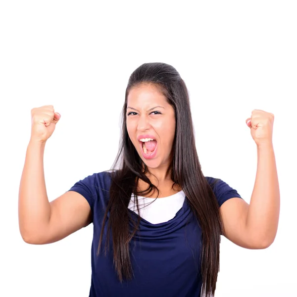 Excited happy success young woman with fists up isolated on whit — Stock Photo, Image