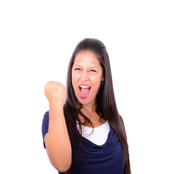 Excited happy success young woman with fists up isolated on whit — Stock Photo, Image