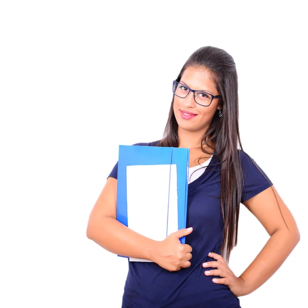 Portrait of smiling business woman with paper folder isolated on — Stock Photo, Image