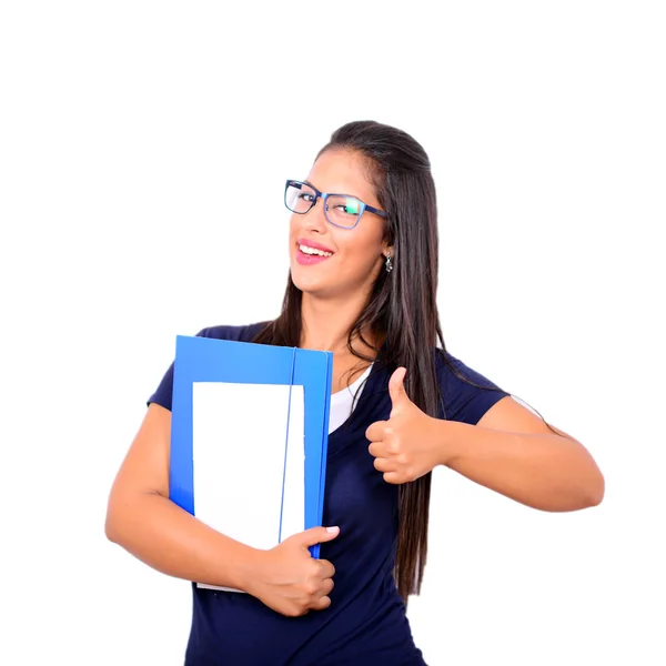 Portrait of smiling student with paper folder and thumb up isola — Stock Photo, Image