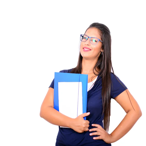 Portrait of smiling student with paper folder isolated on white — Stock Photo, Image