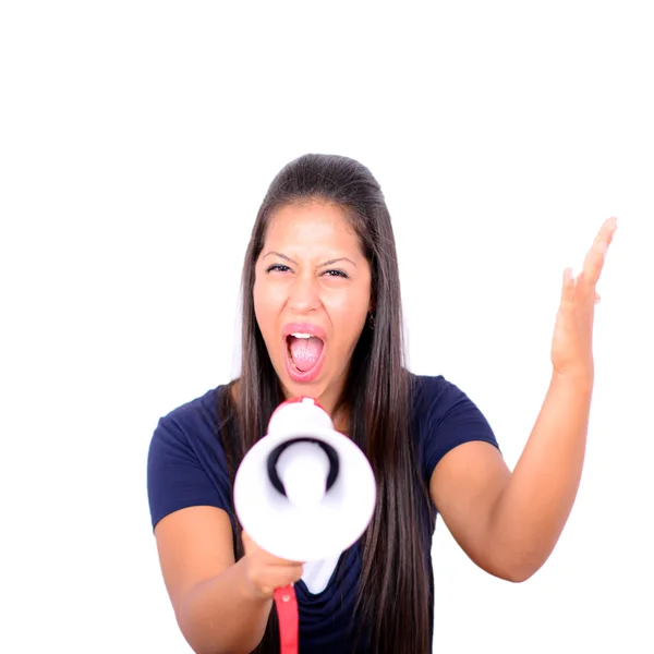 Retrato de jovem mulher de negócios gritando com um megafone novamente — Fotografia de Stock