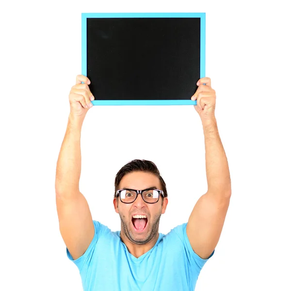 Portrait of a young man shouting and showing an empty black bill — Stock Photo, Image
