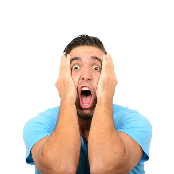 Portrait of angry man screaming and pulling hair against white b — Stock Photo, Image