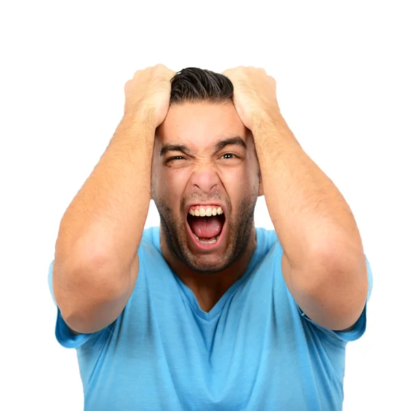 Retrato de hombre enojado gritando y tirando del pelo contra blanco b — Foto de Stock