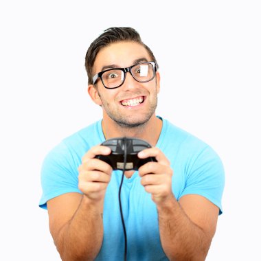 video oyunları agains için joystick Holding'in yakışıklı bir adam portresi