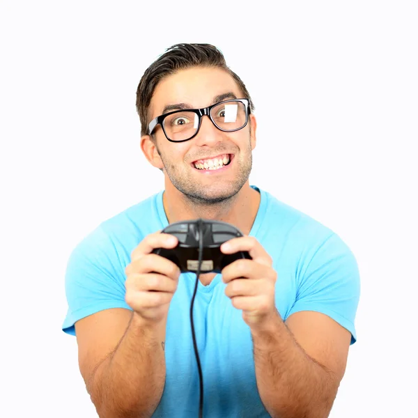 Πορτρέτο του όμορφος άνθρωπος που κρατά το joystick για βιντεοπαιχνίδια κατά — Φωτογραφία Αρχείου