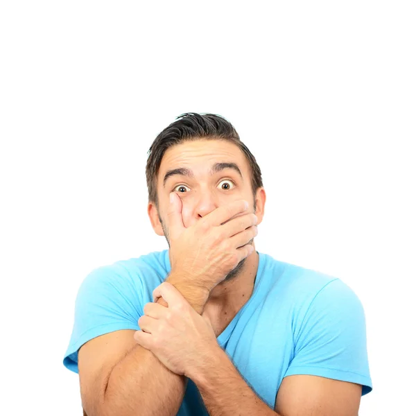 Portrait of man with shock gesture against white background — Stock Photo, Image