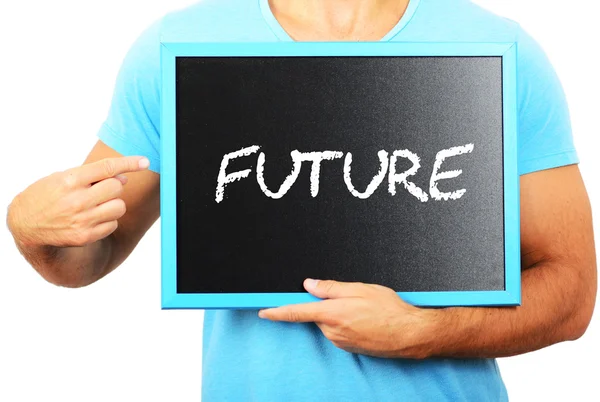 Człowiek posiadający tablica w ręce i wskazując na przyszłość słowo — Zdjęcie stockowe