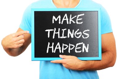 şey kelime dönük ve Blackboard elinde tutan adam olun