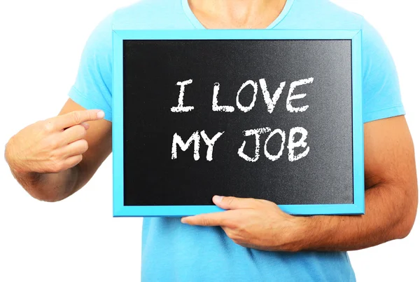 Man holding blackboard in hands and pointing the word I LOVE MY — Stock Photo, Image