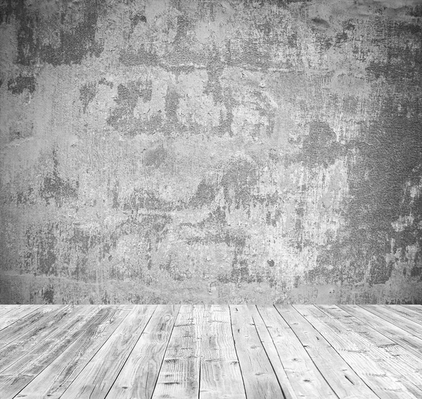 Interior de la habitación vacía grunge con pared blanca y suelo de madera — Foto de Stock