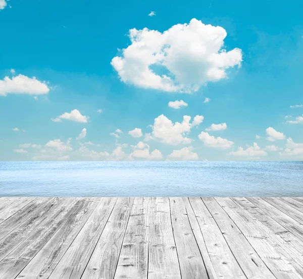 Tropisch strand en houten vloer — Stockfoto