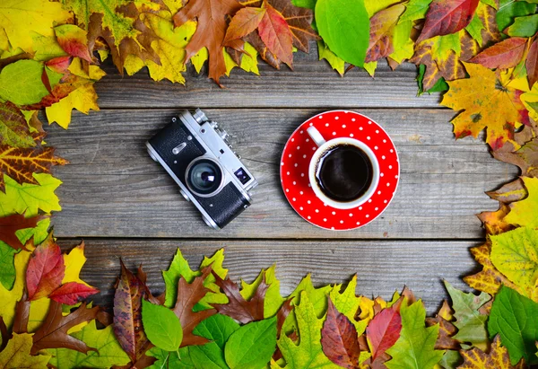 Taza de café y cámara retro sobre fondo otoñal — Foto de Stock