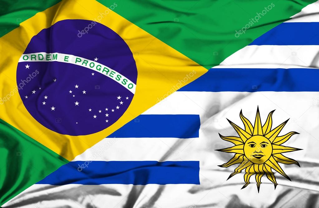 Waving flag of Uruguay and Brazil