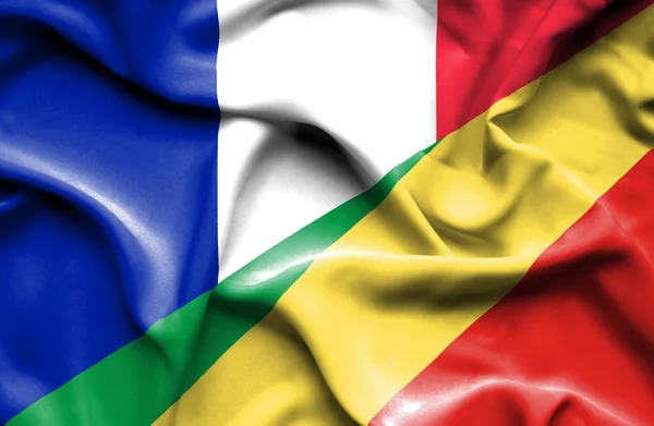 Waving flag of Congo Republic and France — Stock Photo, Image