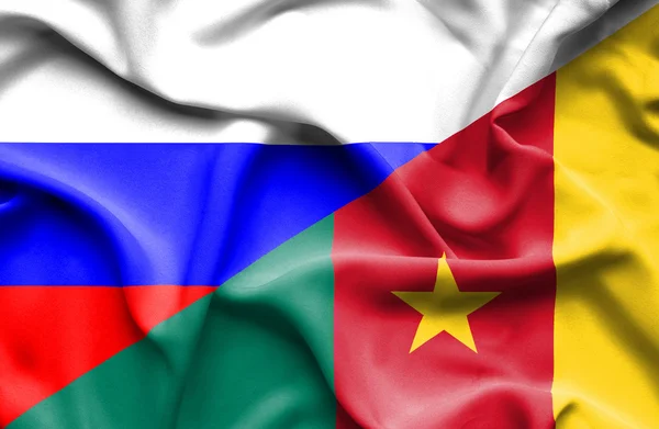 Wapperende vlag van Kameroen en Rusland — Stockfoto