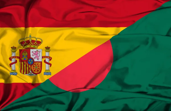 Waving flag of Bangladesh and Spain — Stock Photo, Image