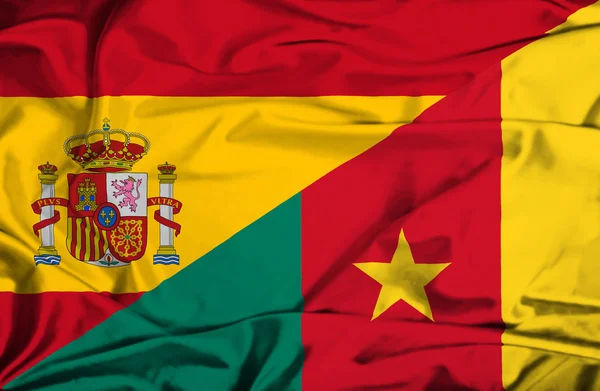 Waving flag of Cameroon and Spain — Stock Photo, Image