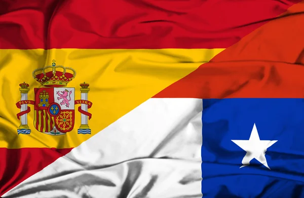 Waving flag of Chile and Spain — Stock Photo, Image