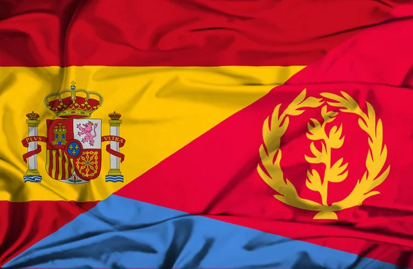 厄立特里亚和西班牙那飘扬的旗帜 — 图库照片