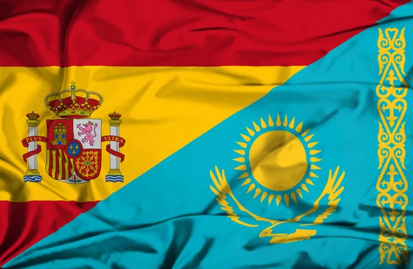 Κουνώντας τη σημαία του Καζακστάν και Ισπανία — Φωτογραφία Αρχείου