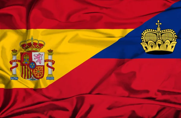 Waving flag of Lichtenstein and Spain — Stock Photo, Image