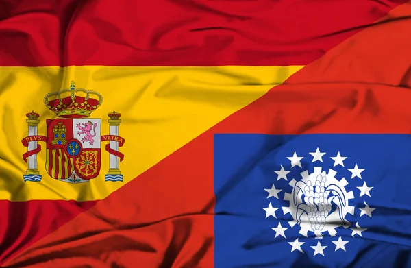 Vlající vlajka Myanmaru a Španělsko — Stock fotografie