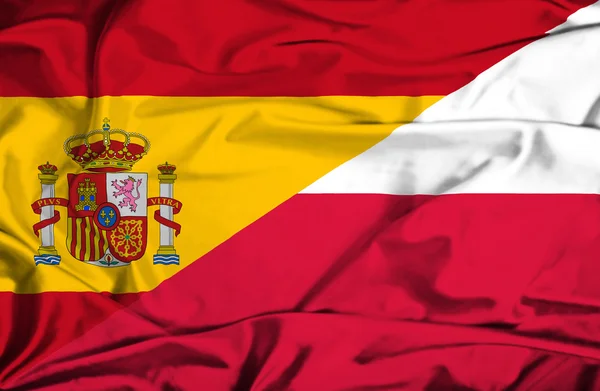 Waving flag of Poland and Spain — Stock Photo, Image