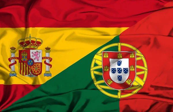 Bandeira de acenar de Portugal e Espanha — Fotografia de Stock