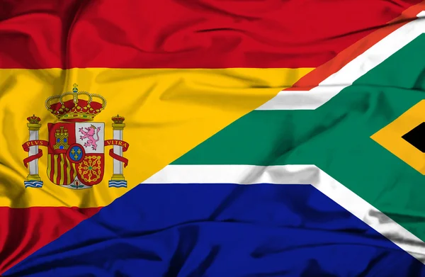 Vlající vlajka Jižní Afriky a Španělska — Stock fotografie