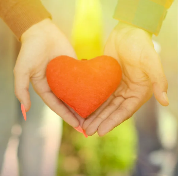 Mani dell'uomo e della donna che tengono il cuore rosso — Foto Stock