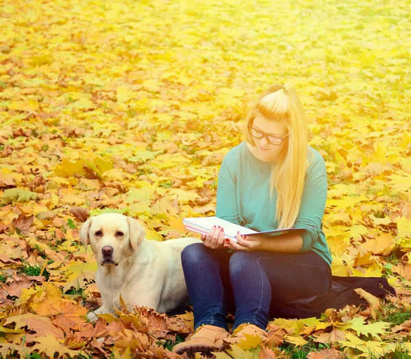Girl with dog studying in nature — Stock Photo, Image
