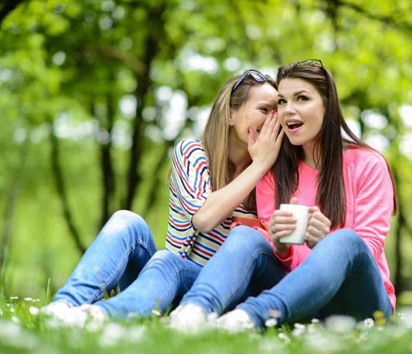 Young women drinking coffee at park and whispering secrets on be — Stock Photo, Image