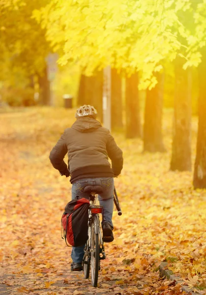 Biker driving at park in Autumn — Stock Photo, Image