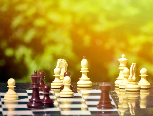 Schaakstukken op een tafel in het park — Stockfoto