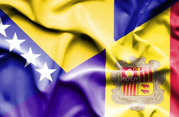 Waving flag of Andorra and Bosnia and Herzegovina — Stock Photo, Image
