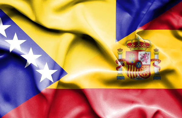 Waving flag of Spain and Bosnia and Herzegovina — Stock Photo, Image