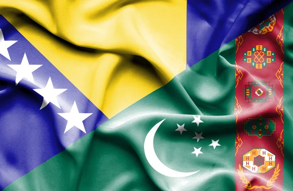 Waving flag of Turkmenistan and Bosnia and Herzegovina — Stock Photo, Image